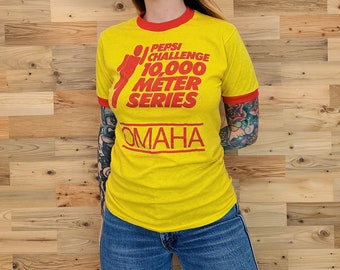 vintage 80's Pepsi Challenge 10 000 Meter Series Omaha Marathon Ringer Tee T-Shirt Shirt