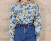 Chambray Floral Print Button Up Blouse