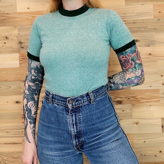 70's Vintage Heather Green Ringer Baby Tee Shirt T-Shirt / Youth Size Medium, Women's XXS-XS