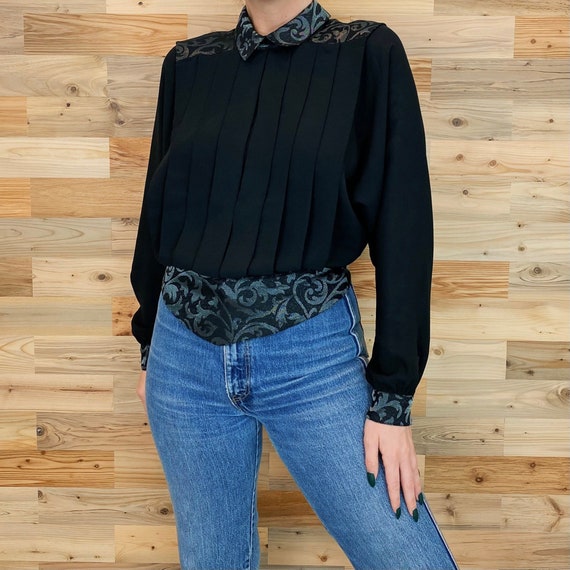 80's Chic Black Long Sleeve Banded Vintage Blouse