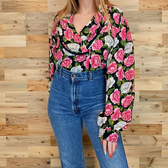 Lightweight Vintage Floral Rose Print Button Up Blouse