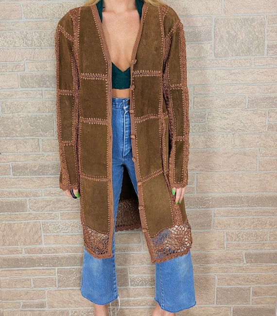 Suede and Macrame Patchwork Duster Coat