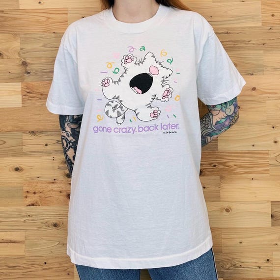80's Vintage Funny Cat Cartoon Gone Crazy Back Later Tee Shirt T-Shirt