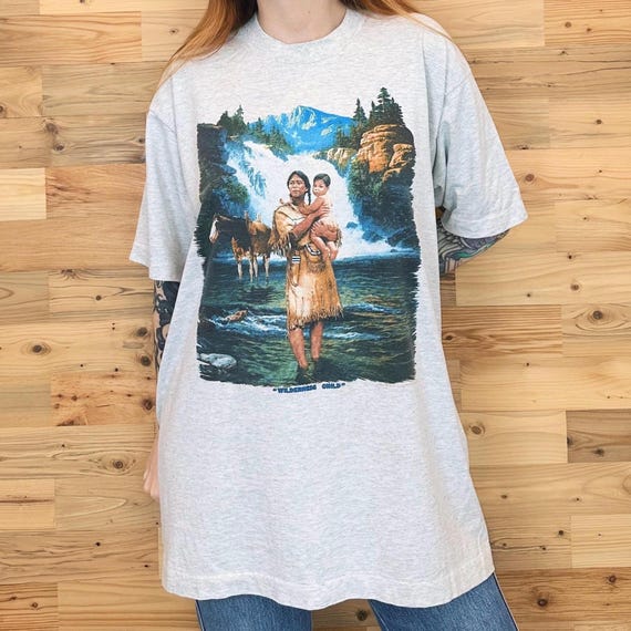 1992 Vintage "Wilderness Child" Native American Art by Chuck Ren Tee Shirt T-Shirt