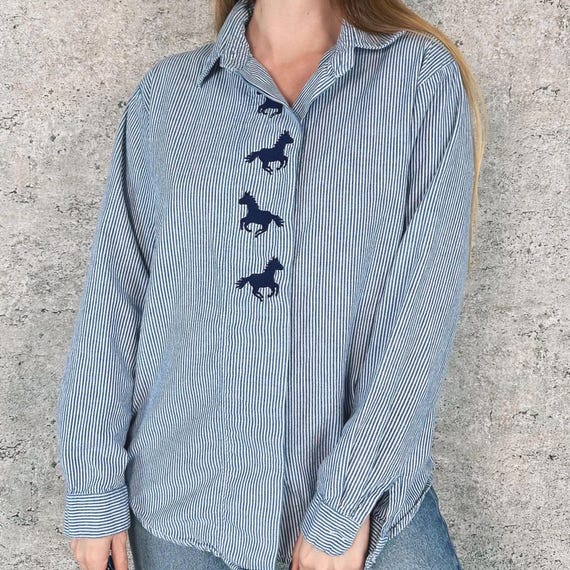 Pinstriped Embroidered Horses Vintage Button Up Oxford Blouse Shirt