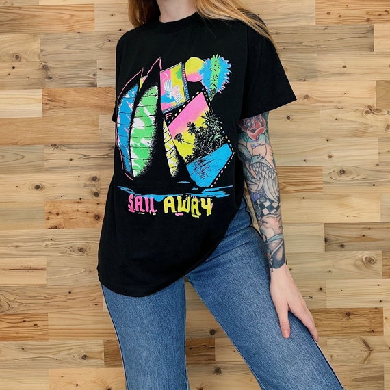 80's Vintage Soft Retro Neon Sail Away Beach Travel Tee Shirt