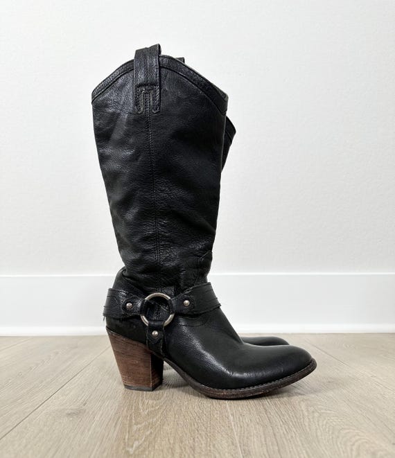 Frye Vintage Black Leather Chunky Heel Harness Western Boots / Size 6.5 B