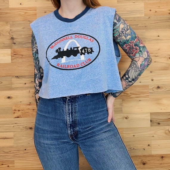 80's Vintage McDonnell Douglas Railroad Club Cropped Ringer Tee Shirt Crop Top