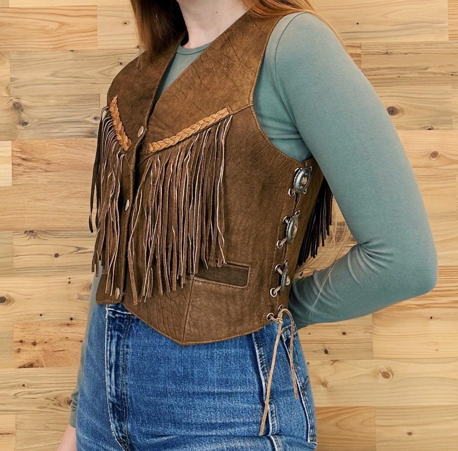 Vintage Brown Leather Fringe Western Vest with Lace Up Side Concho 