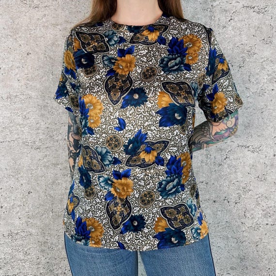 Vintage Silky Baroque Floral Print Short Sleeve Blouse Top