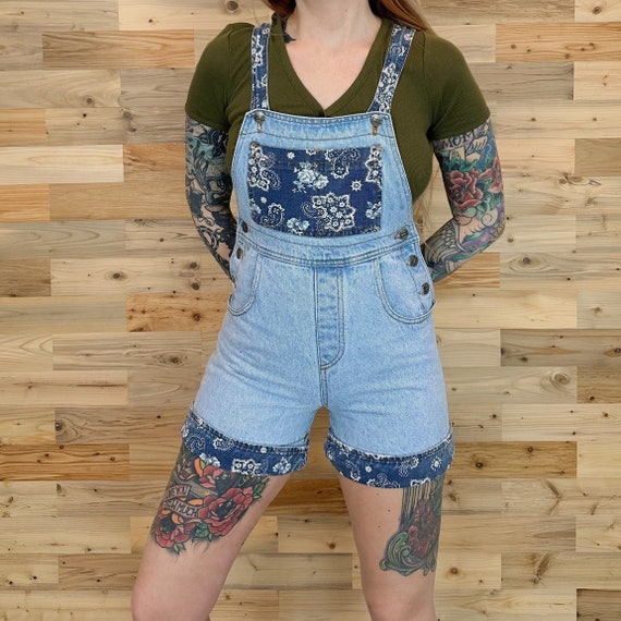 Blue Jean Denim Paisley Print Shortalls Overall S… - image 1