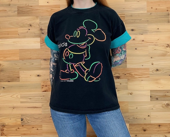 Disney World Florida Mickey Mouse Vintage Velva Sheen Cuffed Sleeve Tee Shirt T-Shirt