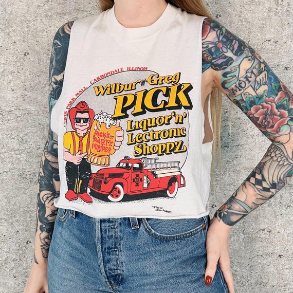 80's Vintage Sleeveless Cropped Retro Graphic T-Shirt Tee Shirt Crop Top