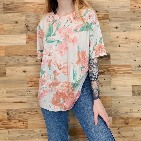 Floral Watercolor Print Vintage Tee Shirt