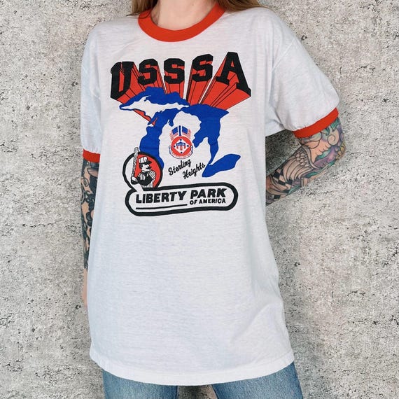 80's Vintage USSSA Liberty Park Sterling Heights Ringer Tee Shirt T-Shirt