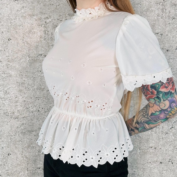 60's Vintage Delicate Sheer Eyelet White Open Back Peplum Blouse Top