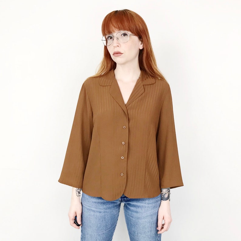 Minimalist Sheer Brown Striped Lightweight Button Up Blouse Women/'s size Small Medium M