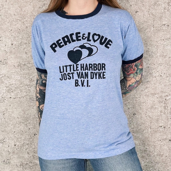 70's Peace and Love Little Harbor Jost Van Dyke Vintage Ringer Tee Shirt T-Shirt