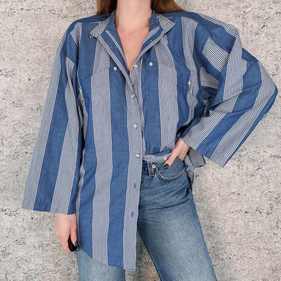 90's Lizwear Soft Light Striped Button Up Menswear Style Shirt Top