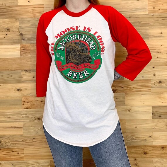 80's Moosehead Beer ' The Moose is Loose ' Frugal MacDoogal's Nashville Raglan Tee Shirt T-Shirt