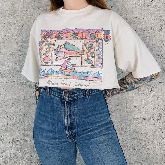 90's Vintage Hilton Head Island Travel Souvenir Cropped Tee Shirt Crop Top