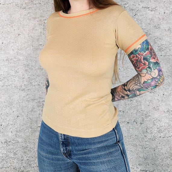 60's Vintage Fruit of the Loom Knit Contrast Stitch Ringer Tee Shirt T-Shirt Top