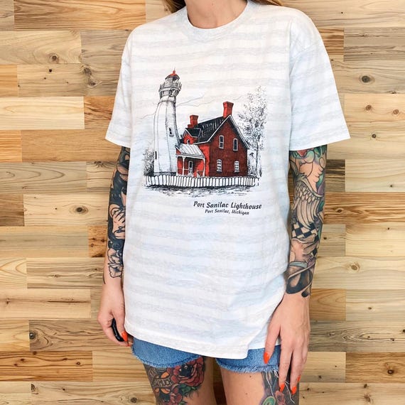 Striped Vintage Michigan Port Sanilac Lighthouse Travel Destination Souvenir Tee Shirt T-Shirt