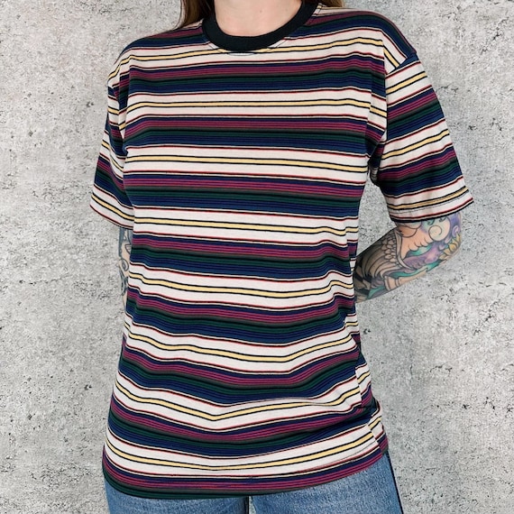 Bugle Boy 90's Colorful Striped Crewneck Tee Shirt T-Shirt