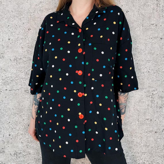 80's Colorful Polka Dot Print Vintage Button Up Black Blouse Shirt