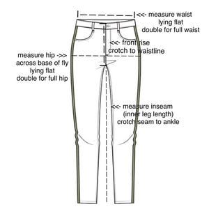 May include: A diagram illustrating how to measure a pair of pants. The image shows a flat, front view of the pants with dotted lines and labels indicating where to measure the waist, hip, front rise, and inseam.