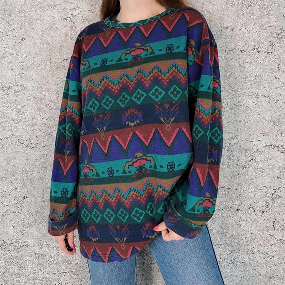 Vintage 90's Southwestern Long Sleeve Striped Pullover Top Shirt