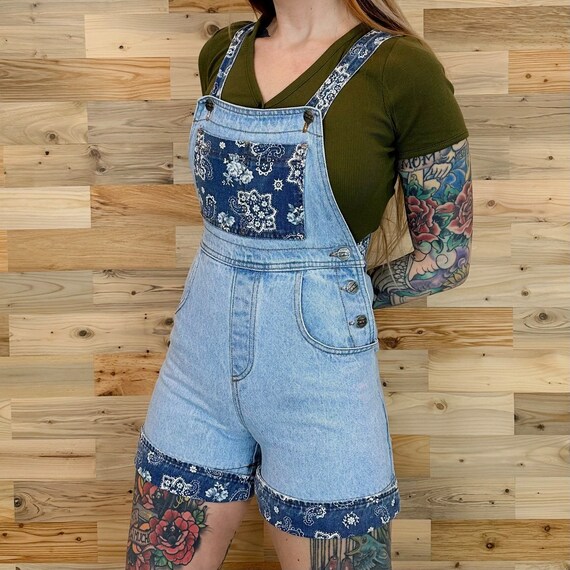 Blue Jean Denim Paisley Print Shortalls Overall S… - image 4