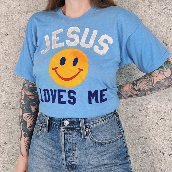 70's Jesus Loves Me Patched Smiley Chain Stitch Embroidery Vintage Tee Shirt T-Shirt