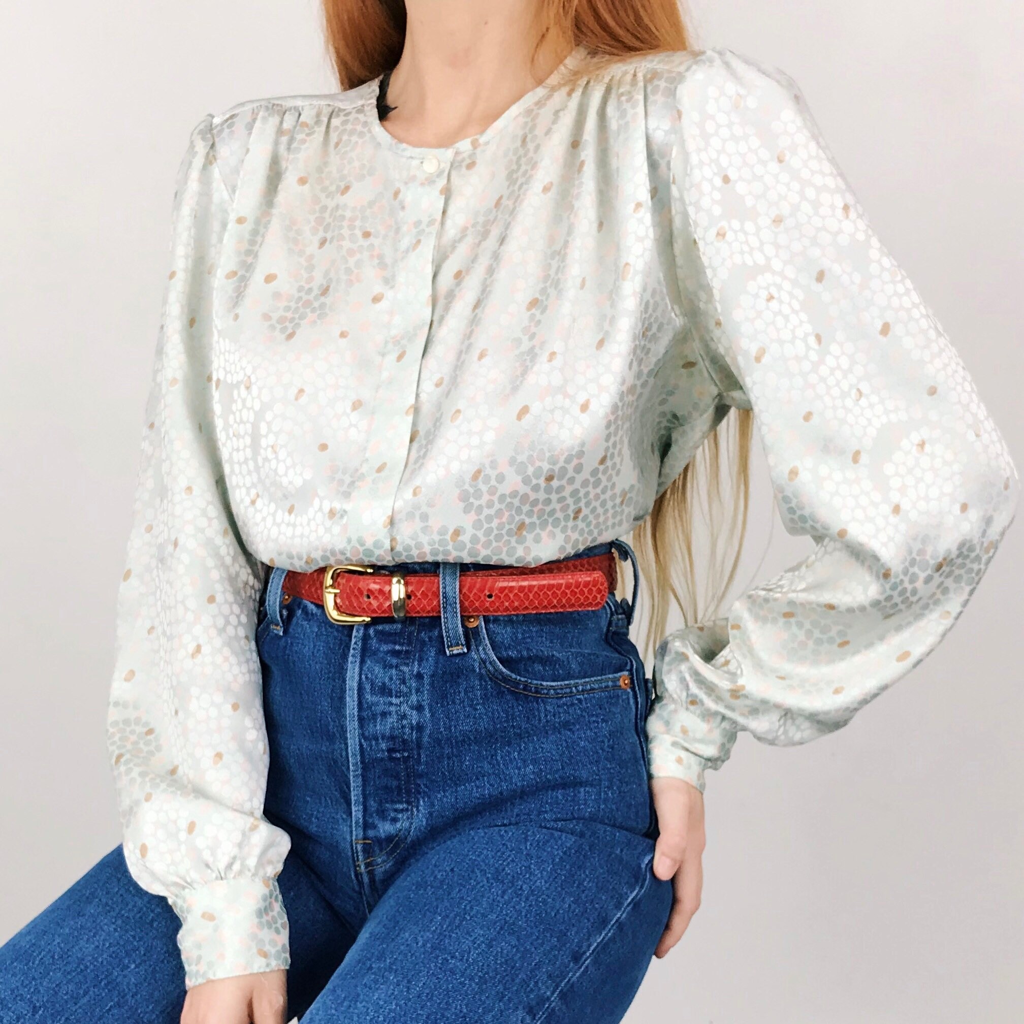 Mint Green Silky Sheen Polka Dot Blouse