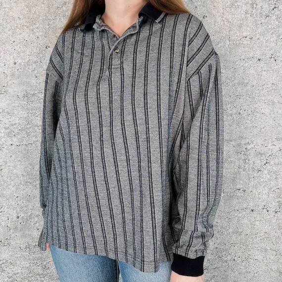 Cozy Y2K Vintage Pinstriped Collared Long Sleeve Polo Shirt