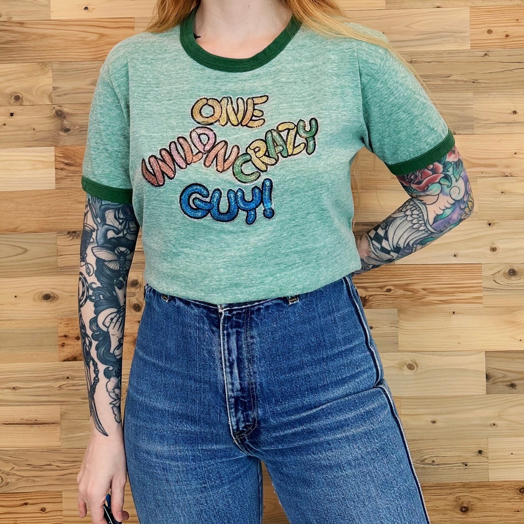 Vintage 70 s Hanes One Wild N Crazy Guy Iron On Green Ringer Tee Shirt T Shirt
