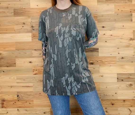 80's Vintage Paper Thin Soft RealBark Camouflage Print Pocket Tee Shirt T-Shirt