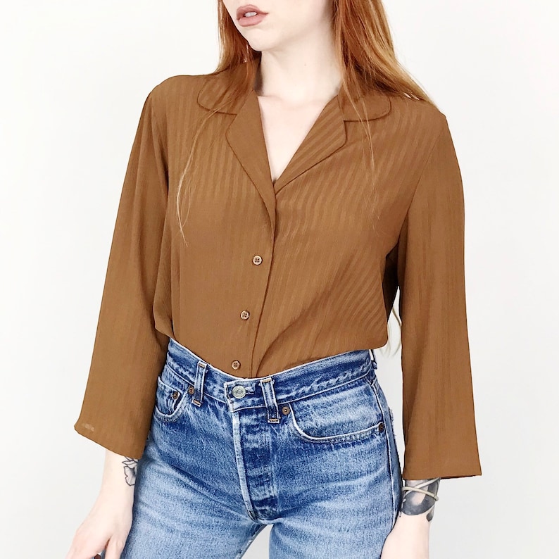 Minimalist Sheer Brown Striped Lightweight Button Up Blouse Women/'s size Small Medium M