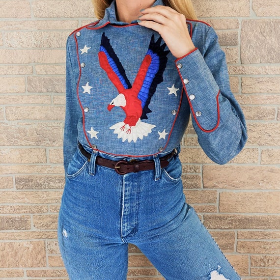 60's Western Embroidered Pearl Snap Bib Shirt