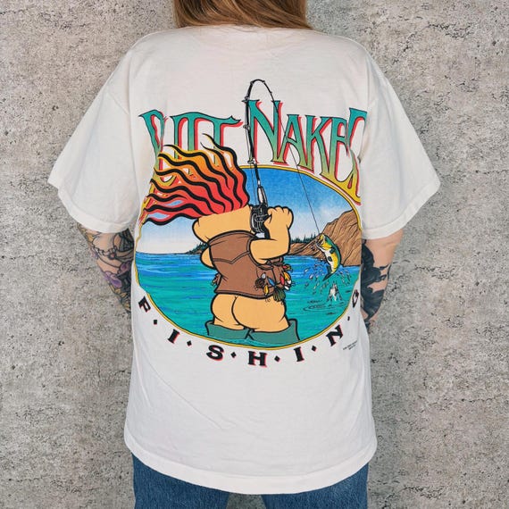 90's Butt Naked Fishing Vintage Troll Bass Pro Spoof Tee Shirt T-Shirt