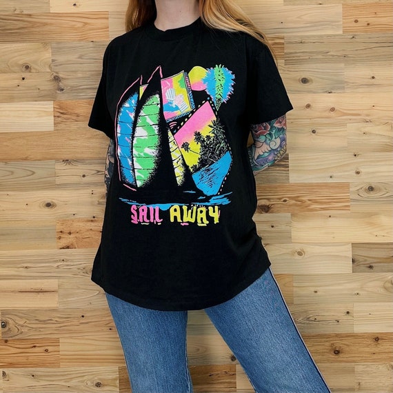 80's Vintage Soft Retro Neon Sail Away Beach Travel Tee Shirt