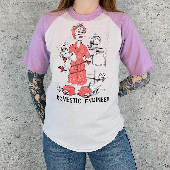 80's Vintage Funny Domestic Engineer Raglan Tee Shirt T-Shirt