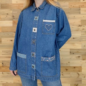 90's Vintage Denim Blue Jean Heart Patch Button Up Chore Coat Jacket image 5