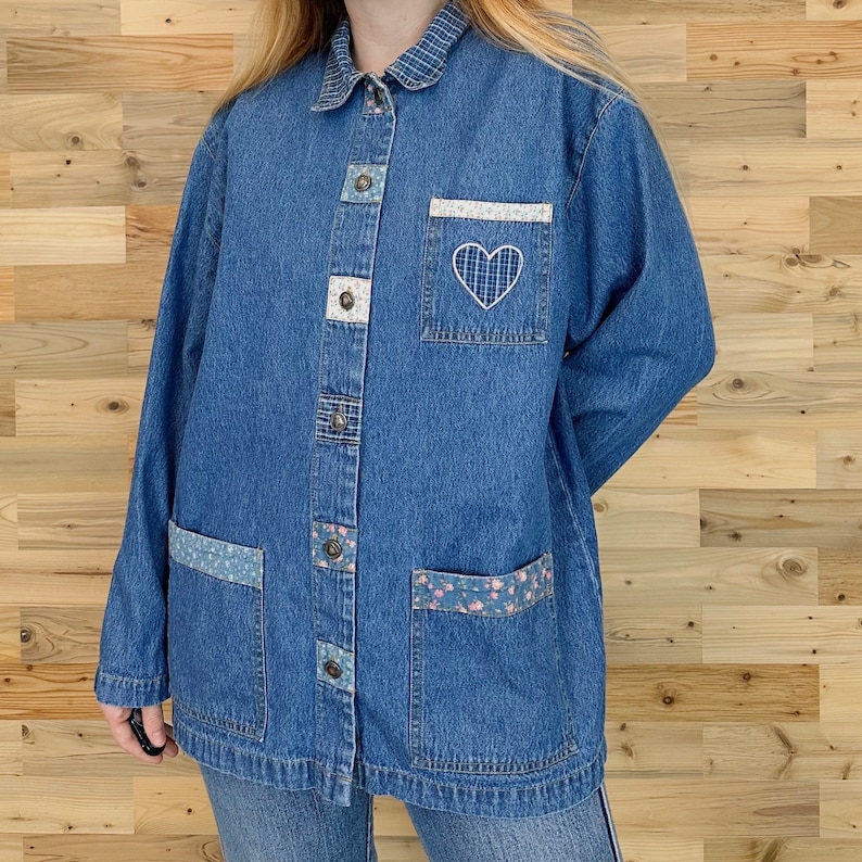 90's Vintage Denim Blue Jean Heart Patch Button Up Chore Coat Jacket image 5