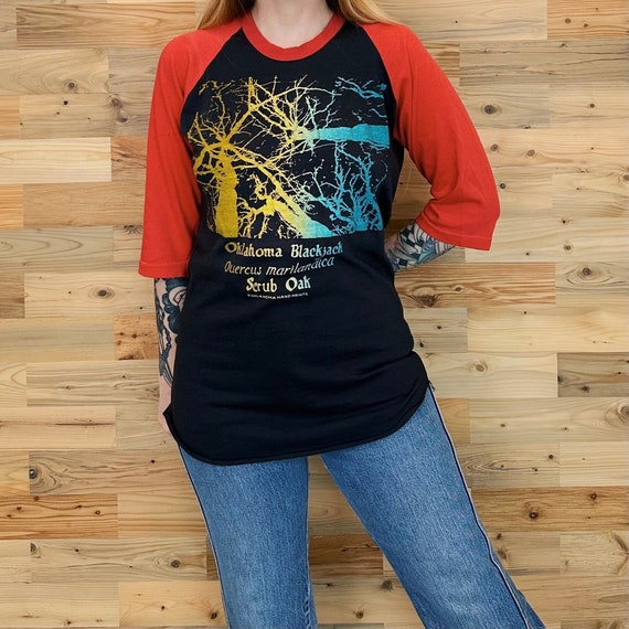 70's Vintage Oklahoma Blackjack Scrub Oak Tree Nature Raglan Baseball Tee Shirt T-Shirt