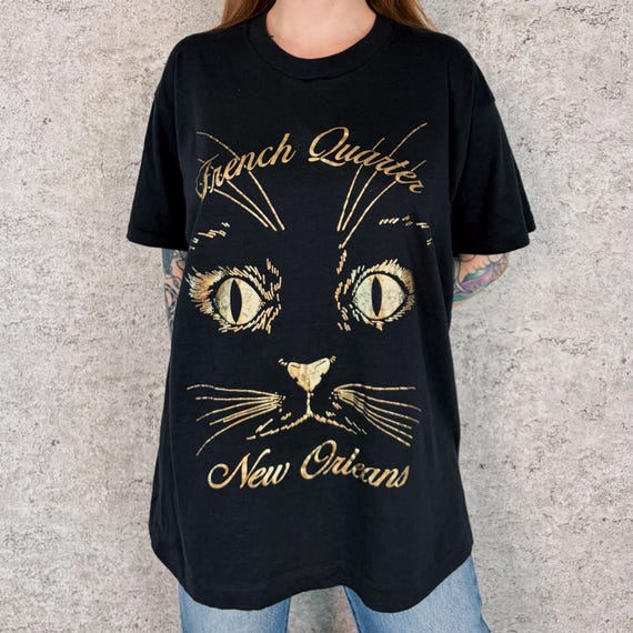 80's French Quarter New Orleans Vintage Black Cat Face Travel Tee Shirt T-Shirt