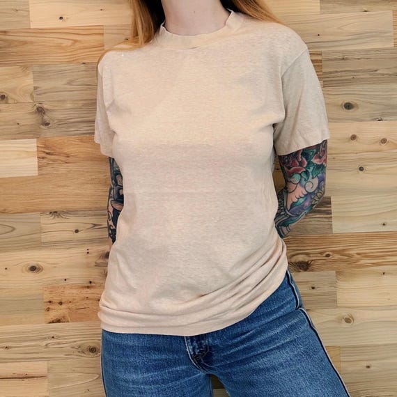 70s Beige Crewneck Tee: Soft Thin Vintage T-Shirt