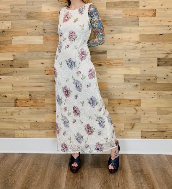 Vintage 90's Floral White Lace Sleeveless Summer Maxi Dress