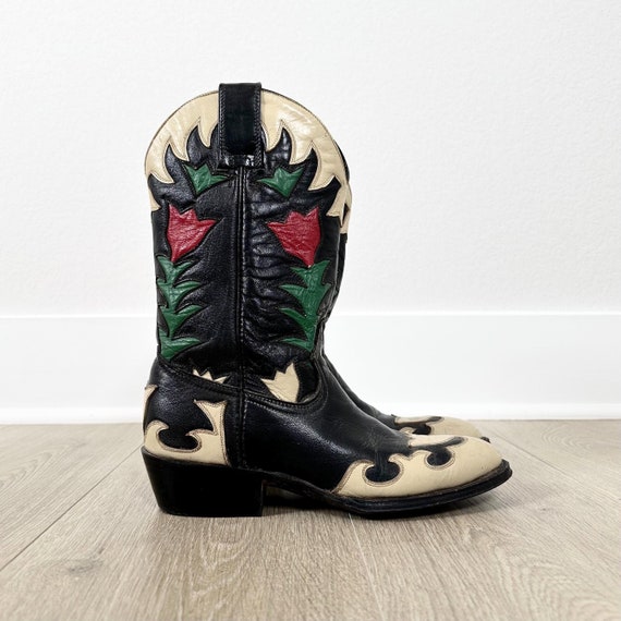 Vintage Montana Western Leather Flower Tulip Inlays Cowboy Boots / Size Women's US 5 5.5