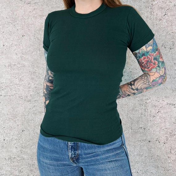 70s Vintage Russell Athletic Basic Crewneck Baby Tee Shirt T-Shirt - Forest Green